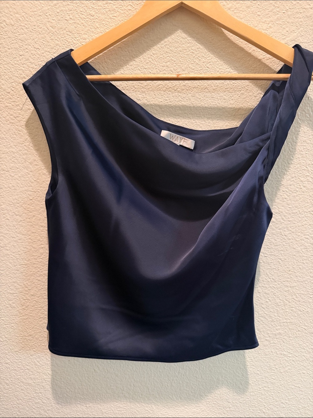 WAYF Navy Twist One Shoulder Satin Blouse